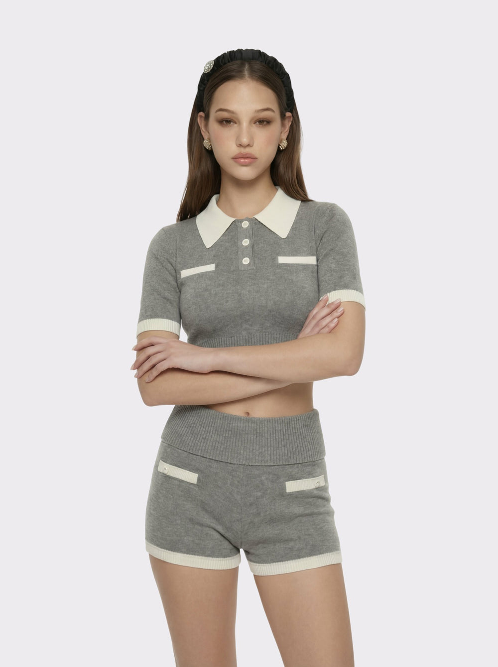 Grey Knit Top with White Contrast Collar | Nana Jacqueline