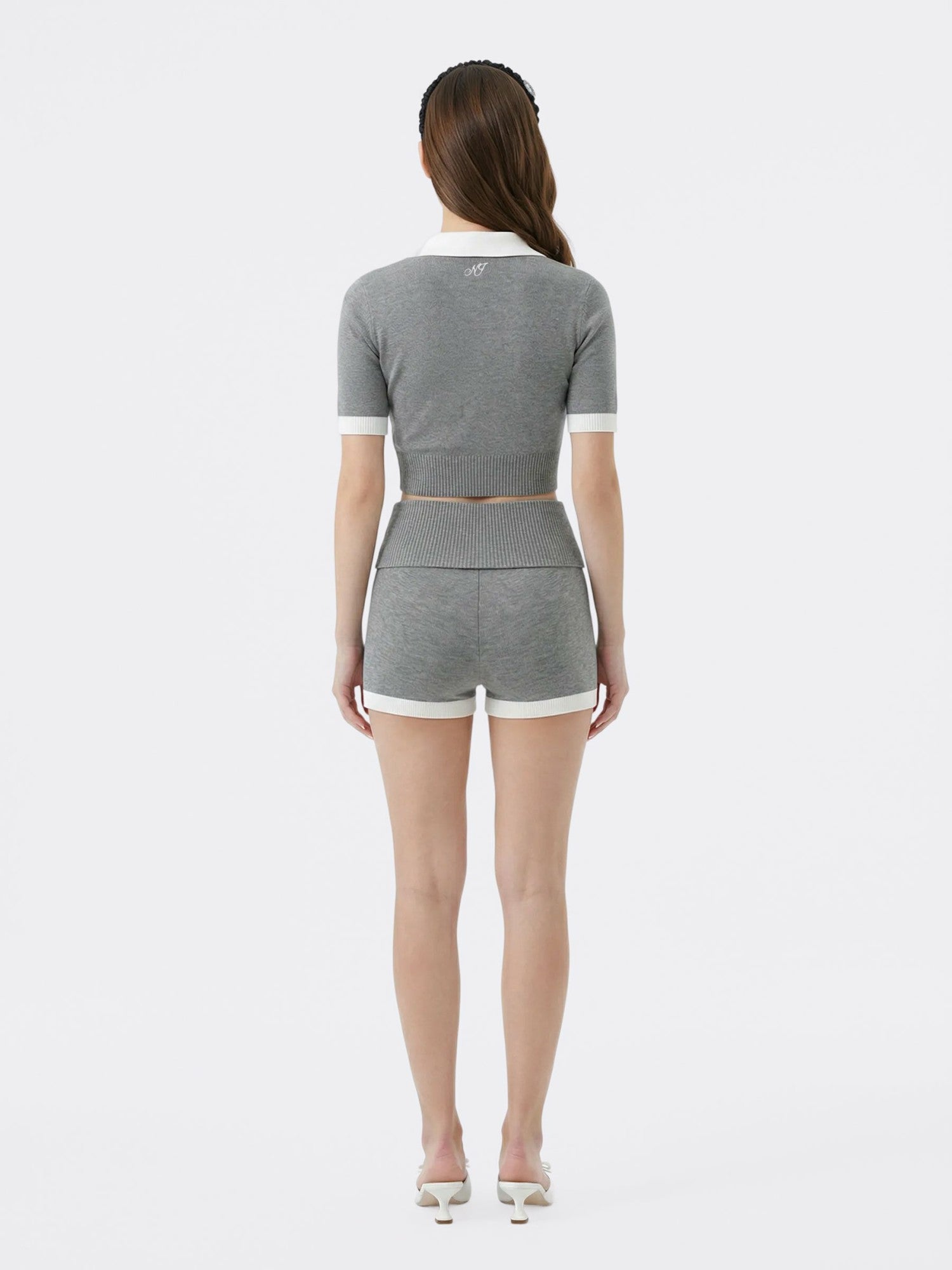 Grey Knit Top with White Contrast Collar | Nana Jacqueline