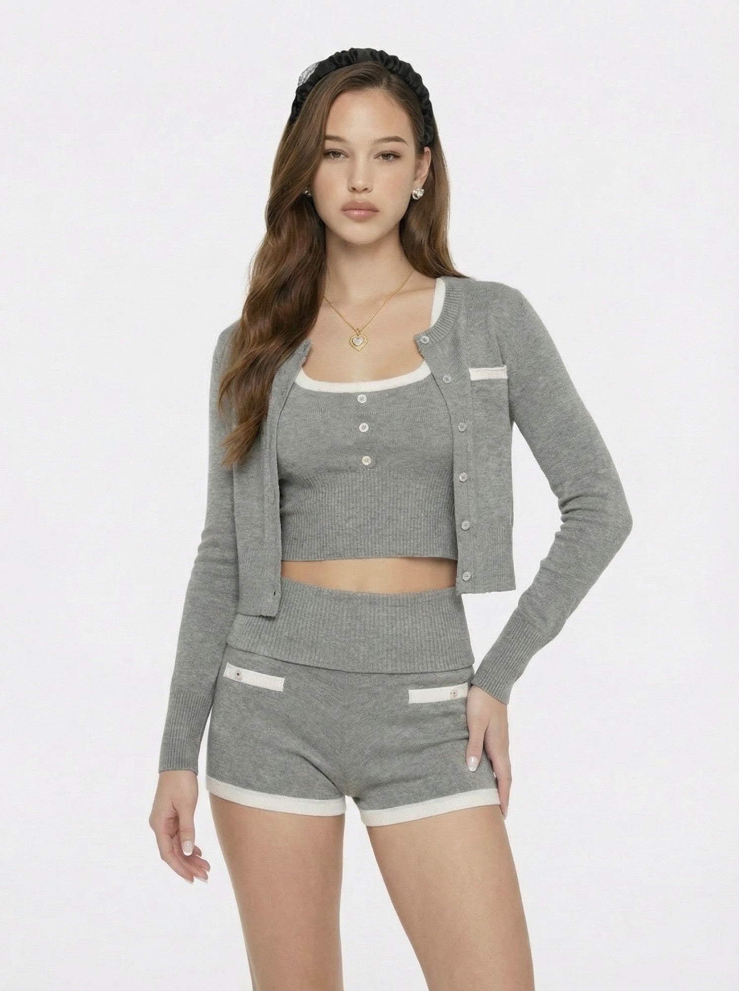 Grey Fitted Round-Neck Knit Cardigan | Nana Jacqueline