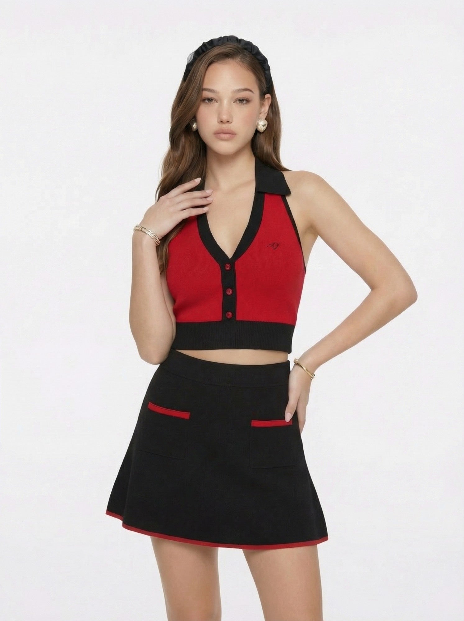Red Contrast Halter Knit Top | Nana Jacqueline