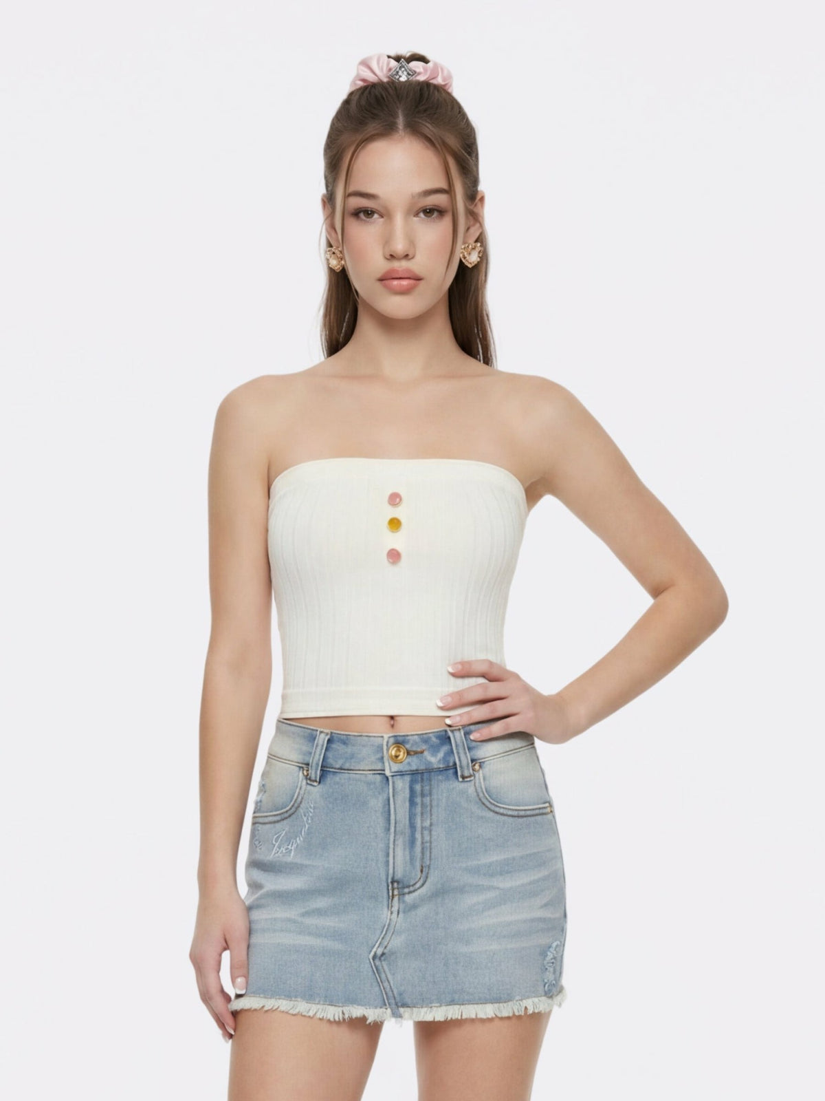 White Knit Tube Top with Gemstone Buttons | Nana Jacqueline