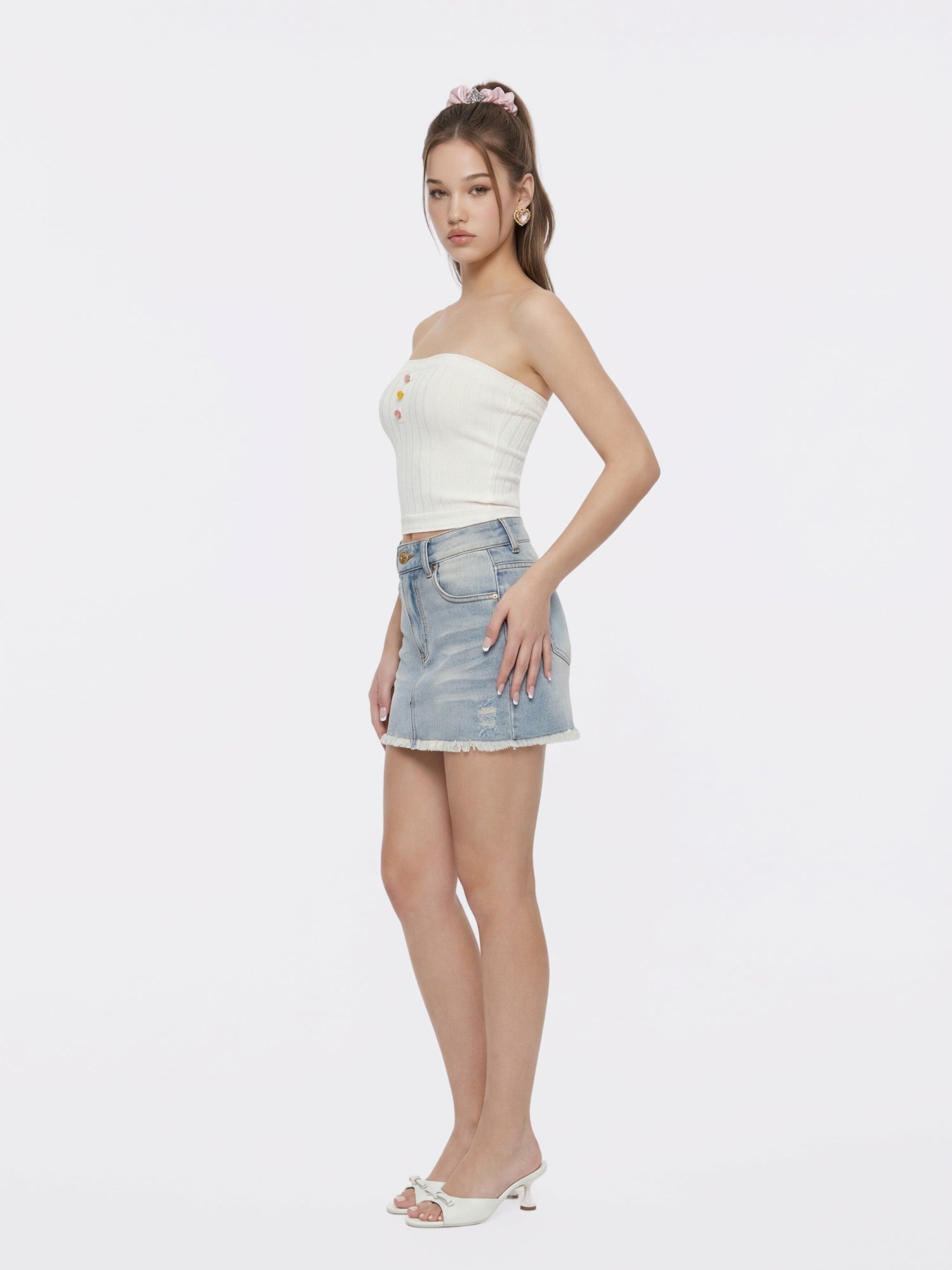 White Knit Tube Top with Gemstone Buttons | Nana Jacqueline
