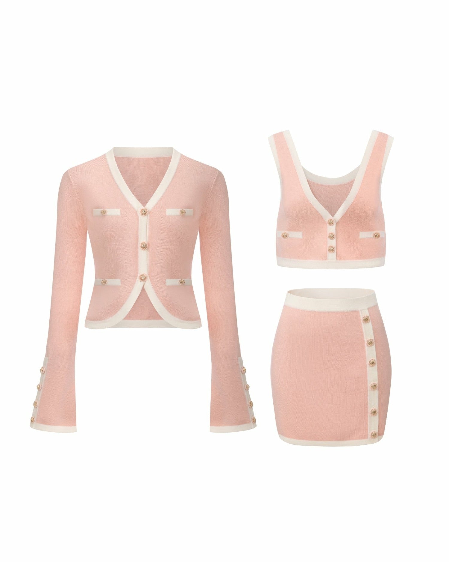 Lisette Contrast-Trim Pink Knit Three-Piece Set: Pink Knit Set for Country Club Brunch | Nana Jacqueline