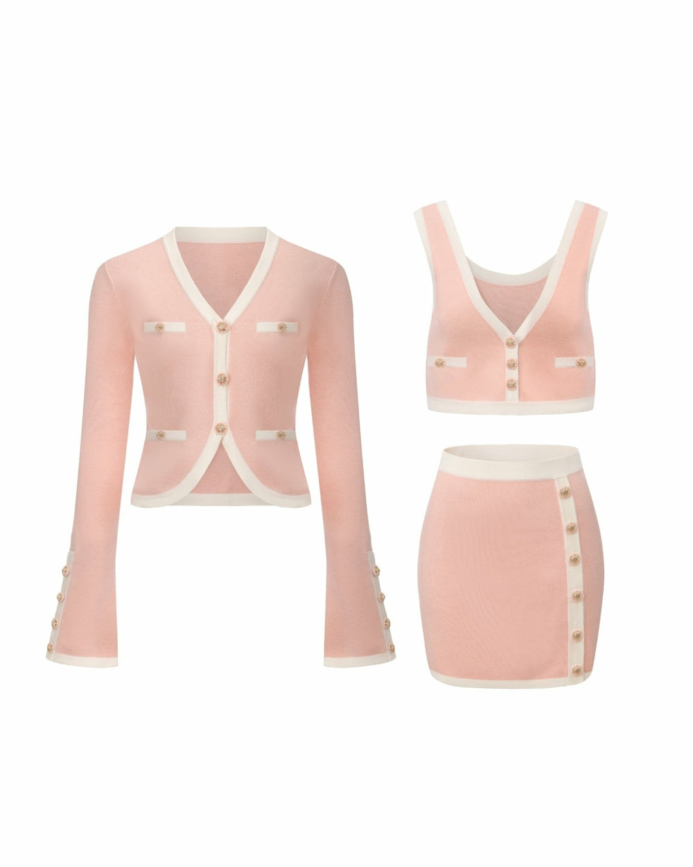 Lisette Contrast-Trim Pink Knit Three-Piece Set: Pink Knit Set for Country Club Brunch | Nana Jacqueline