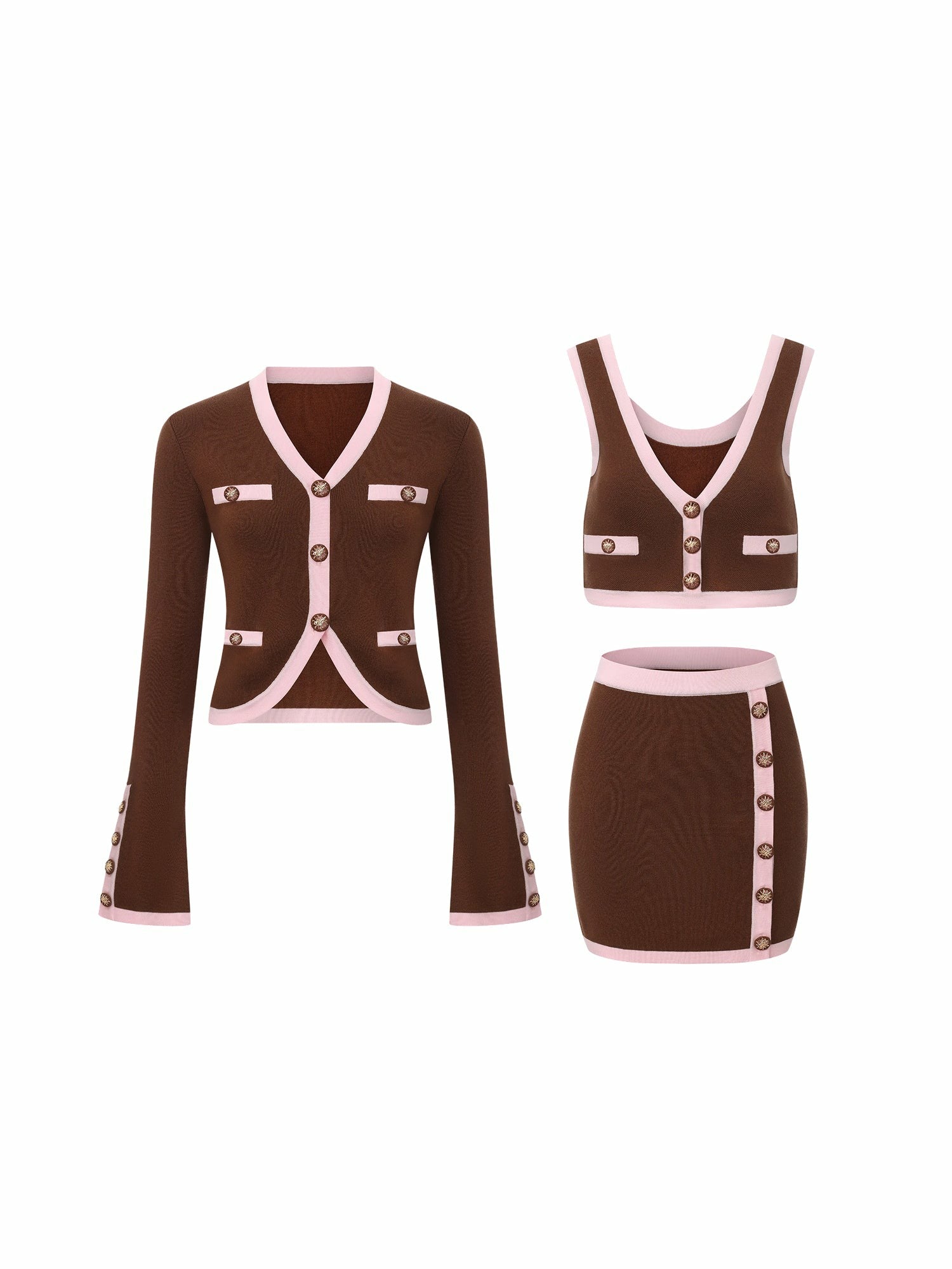 Brown Contrast-Trim Knit Three-Piece Set | Nana Jacqueline