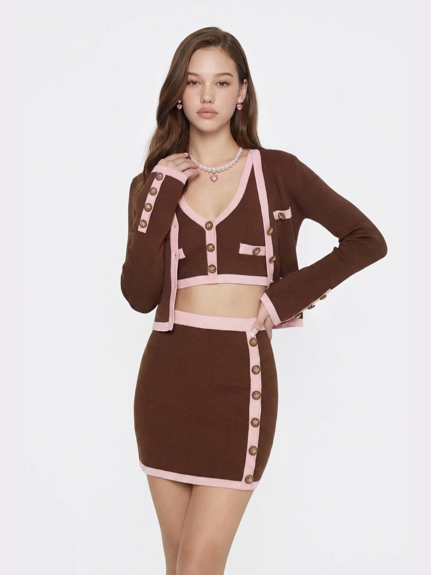 Brown Contrast-Trim Knit Three-Piece Set | Nana Jacqueline