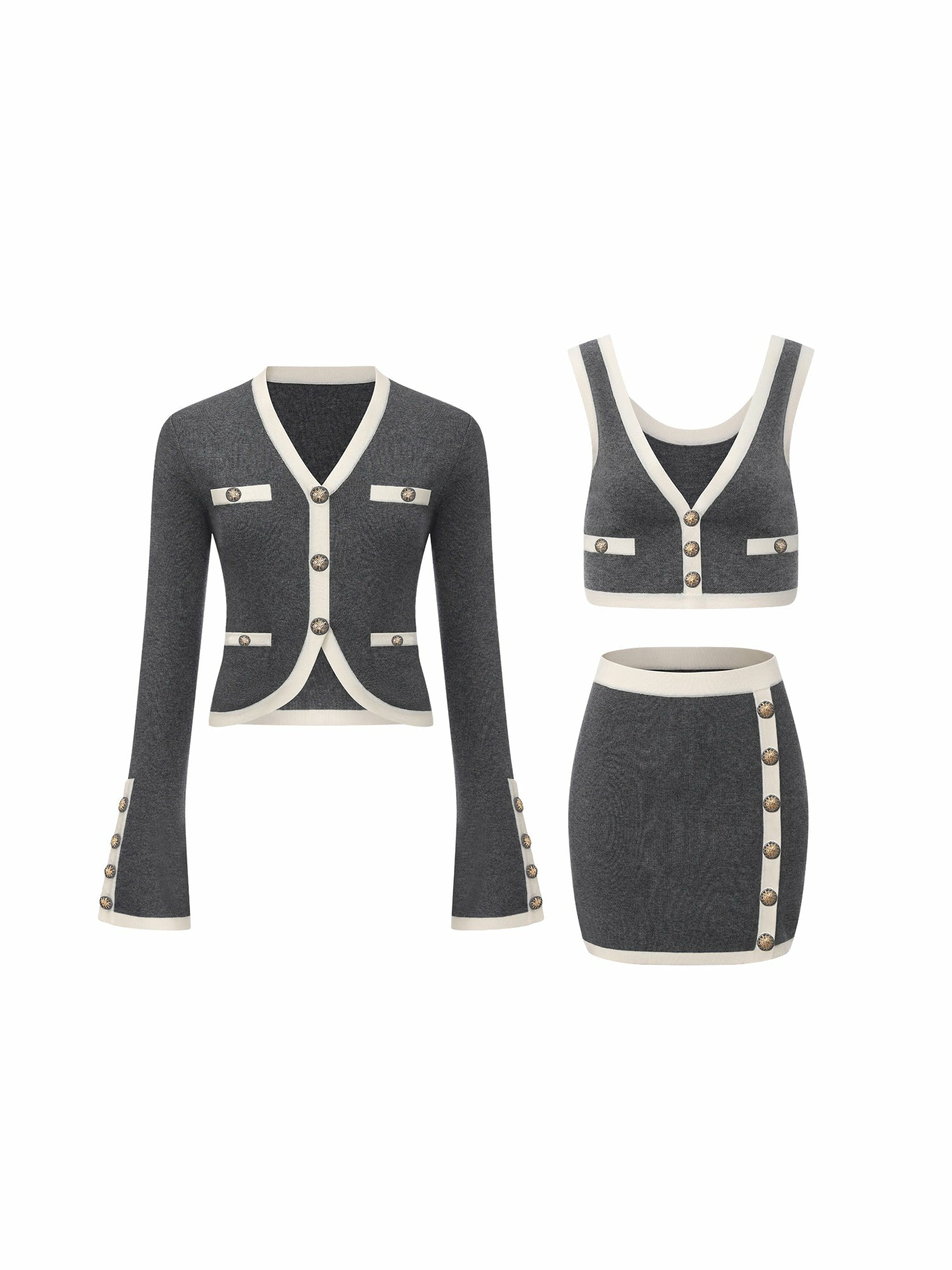 Grey Contrast-Trim Knit Three-Piece Set – Grey | Nana Jacqueline