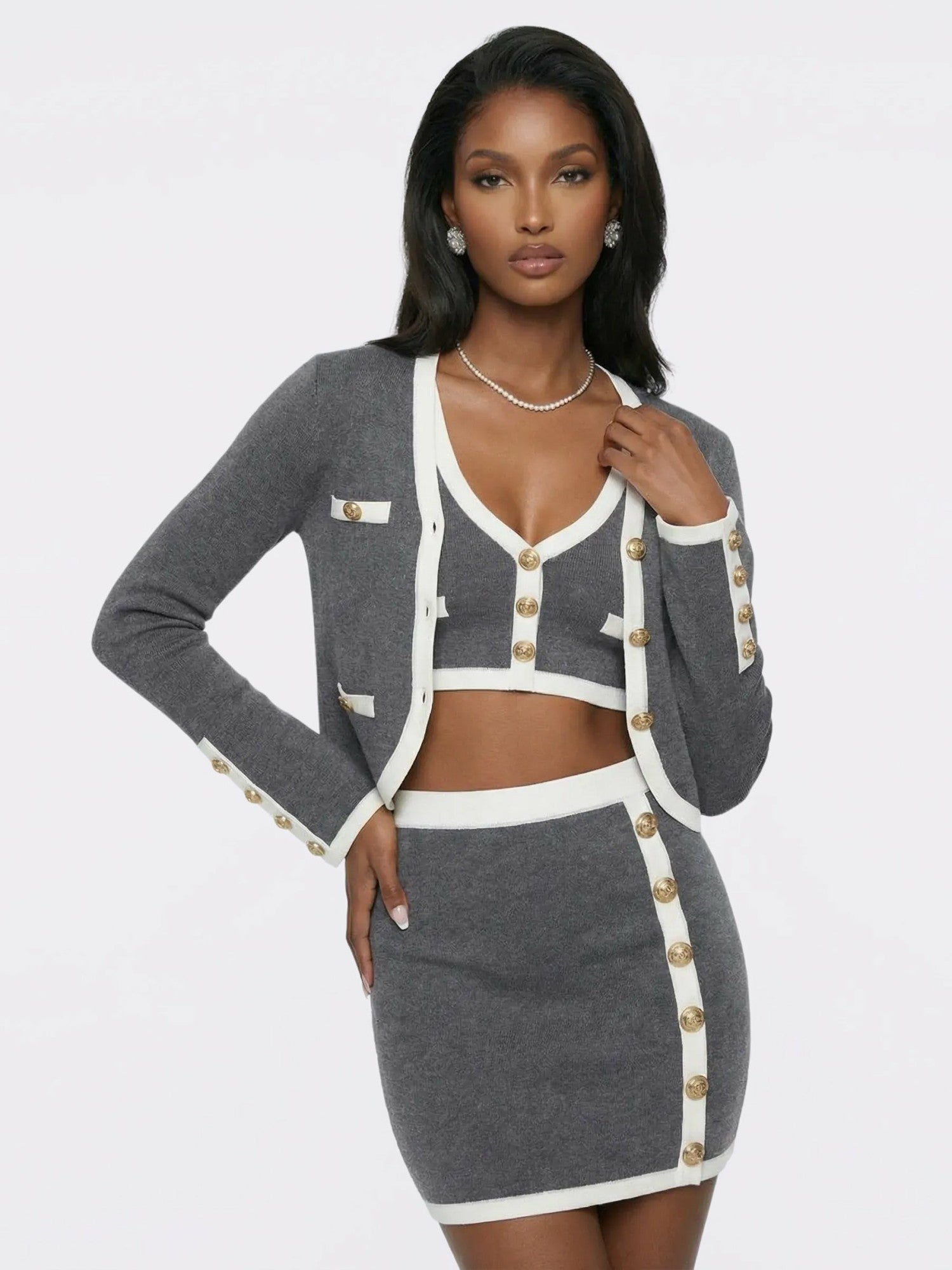 Grey Contrast-Trim Knit Three-Piece Set – Grey | Nana Jacqueline