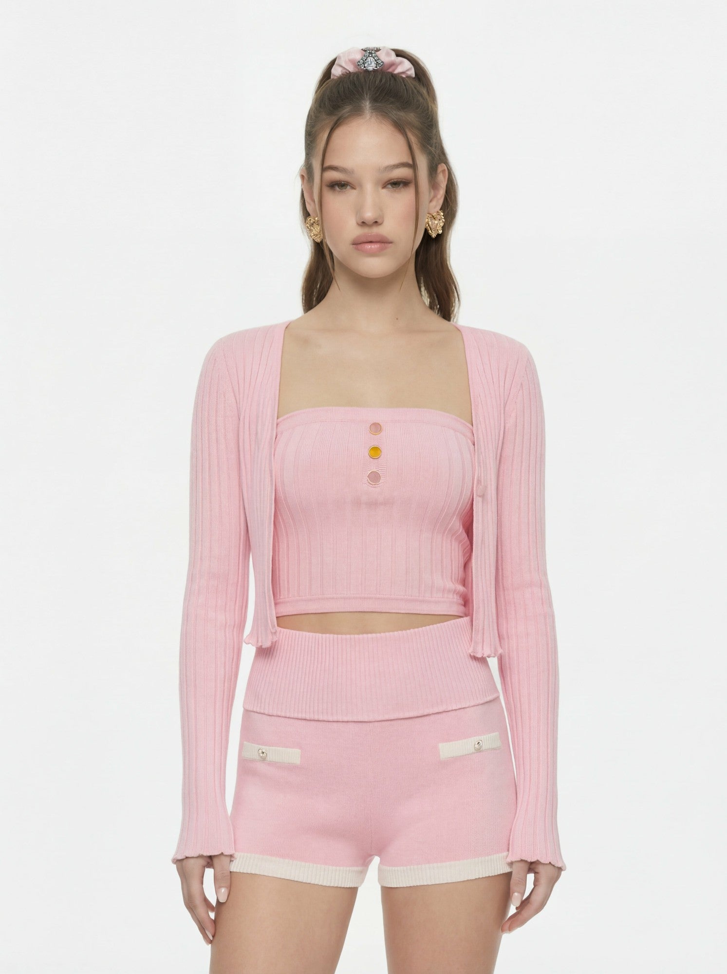 Pink Cropped Ribbed Knit Cardigan | Nana Jacqueline