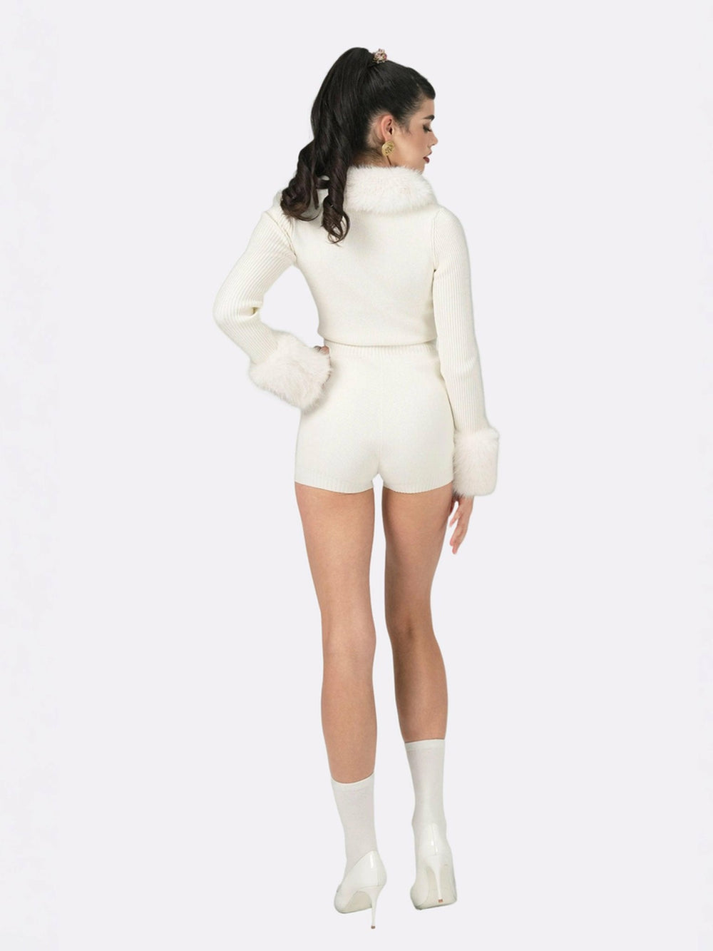 Natalia Fur Jumpsuit: White Jumpsuit for Wedding After-Party | Nana Jacqueline