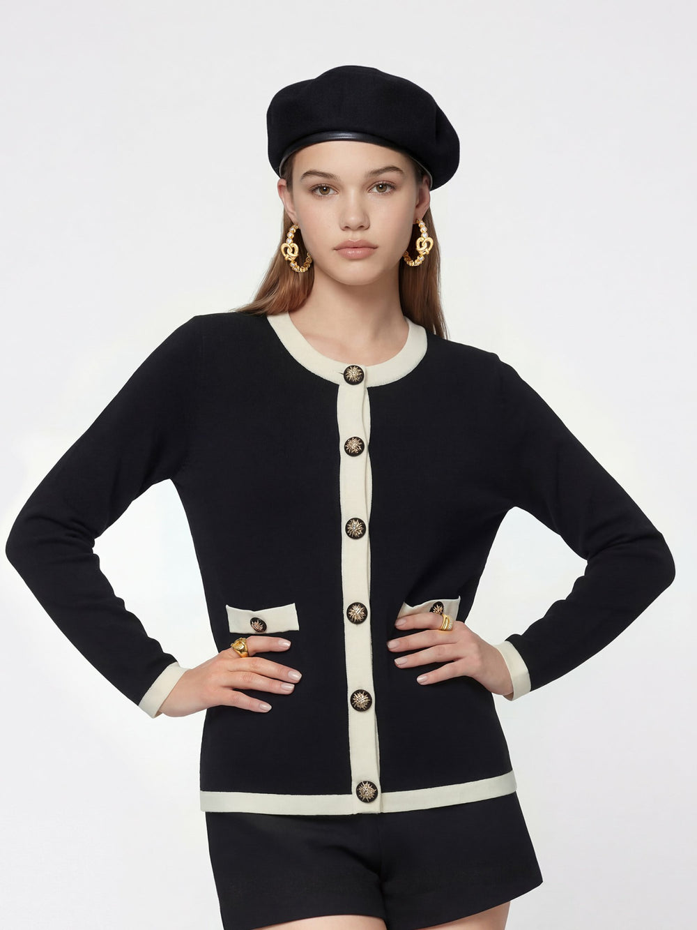 Yvette Contrast Knit Black Cardigan: Black Cardigan for Weekend Brunch | Nana Jacqueline