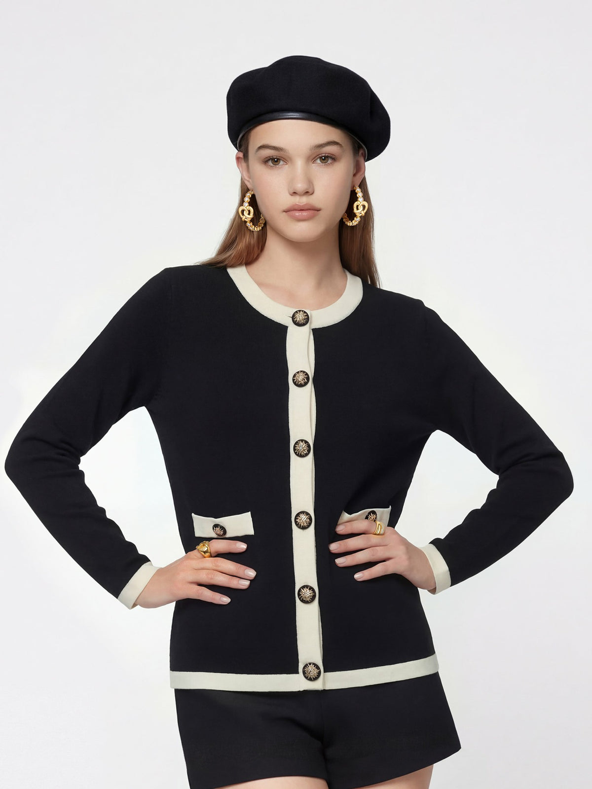 Yvette Contrast Knit Black Cardigan: Black Cardigan for Weekend Brunch | Nana Jacqueline