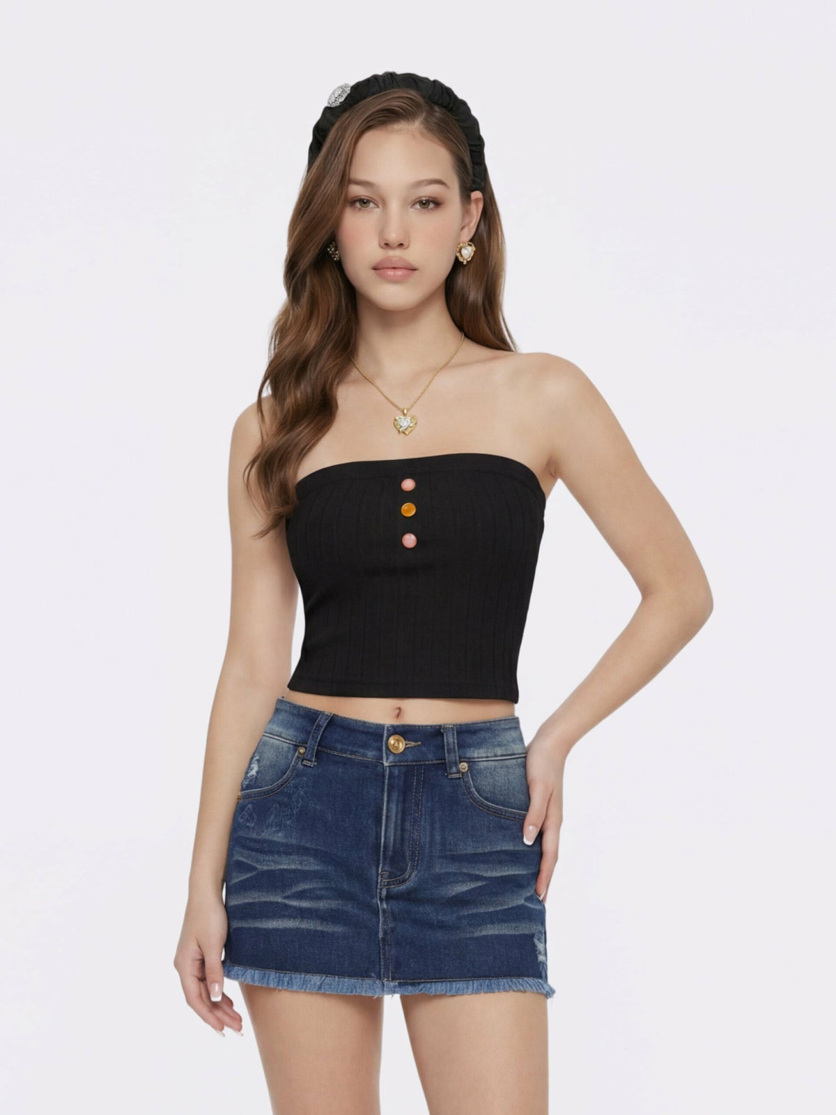 Black Strapless Knit Top with Gemstone Buttons | Nana Jacqueline