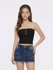 Black Strapless Knit Top with Gemstone Buttons | Nana Jacqueline