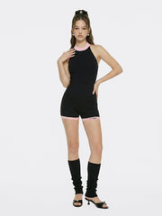 Black Halter Knit Romper with Pink Contrast | Nana Jacqueline