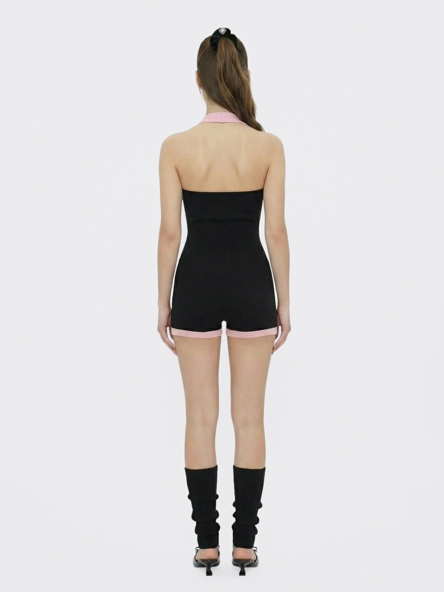 Black Halter Knit Romper with Pink Contrast | Nana Jacqueline