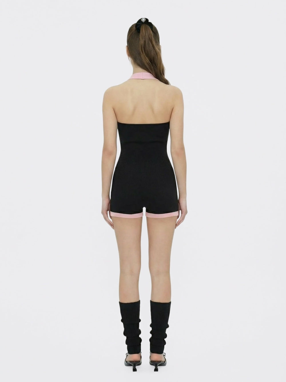 Black Halter Knit Romper with Pink Contrast | Nana Jacqueline