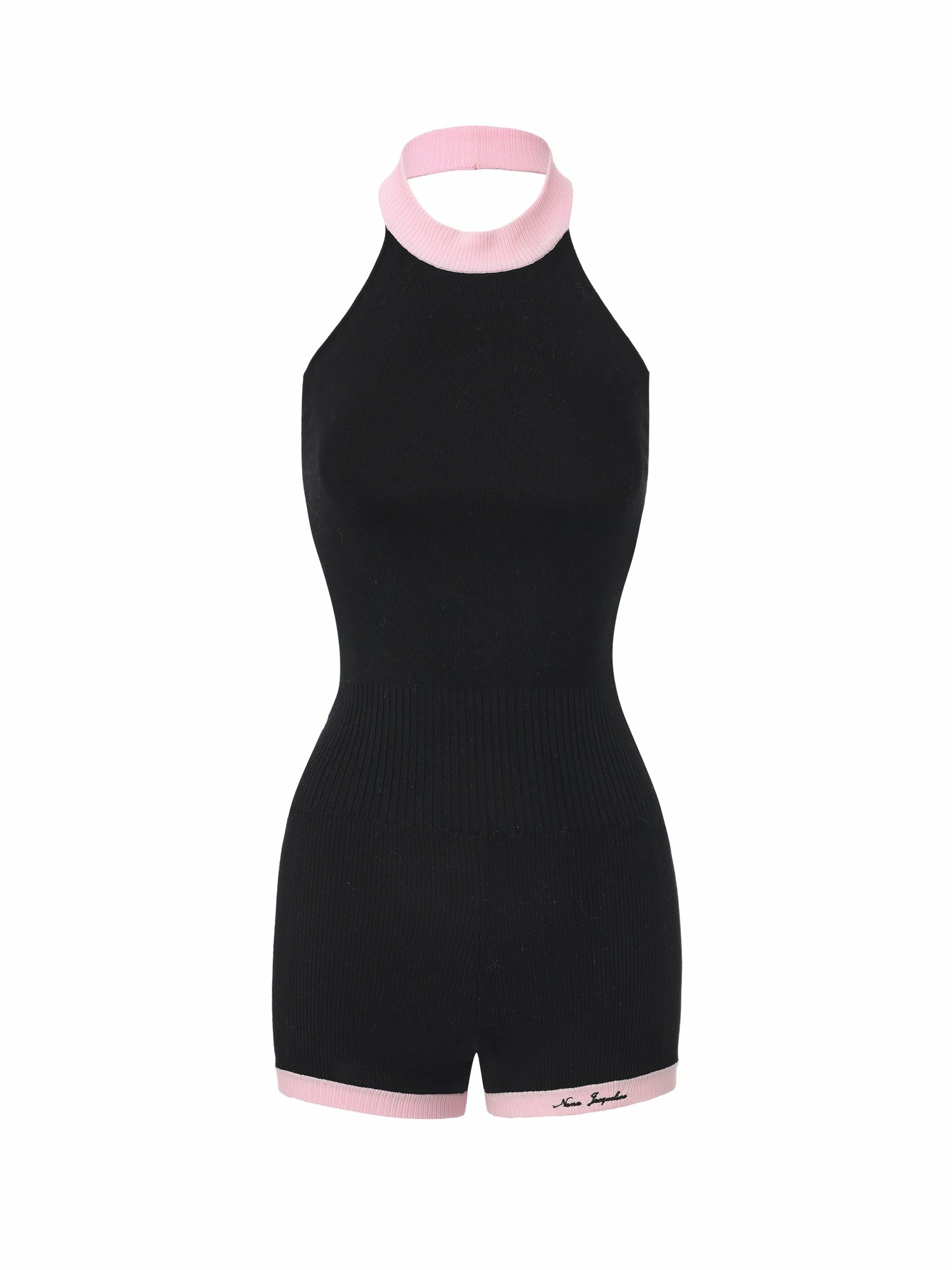 Black Halter Knit Romper with Pink Contrast | Nana Jacqueline