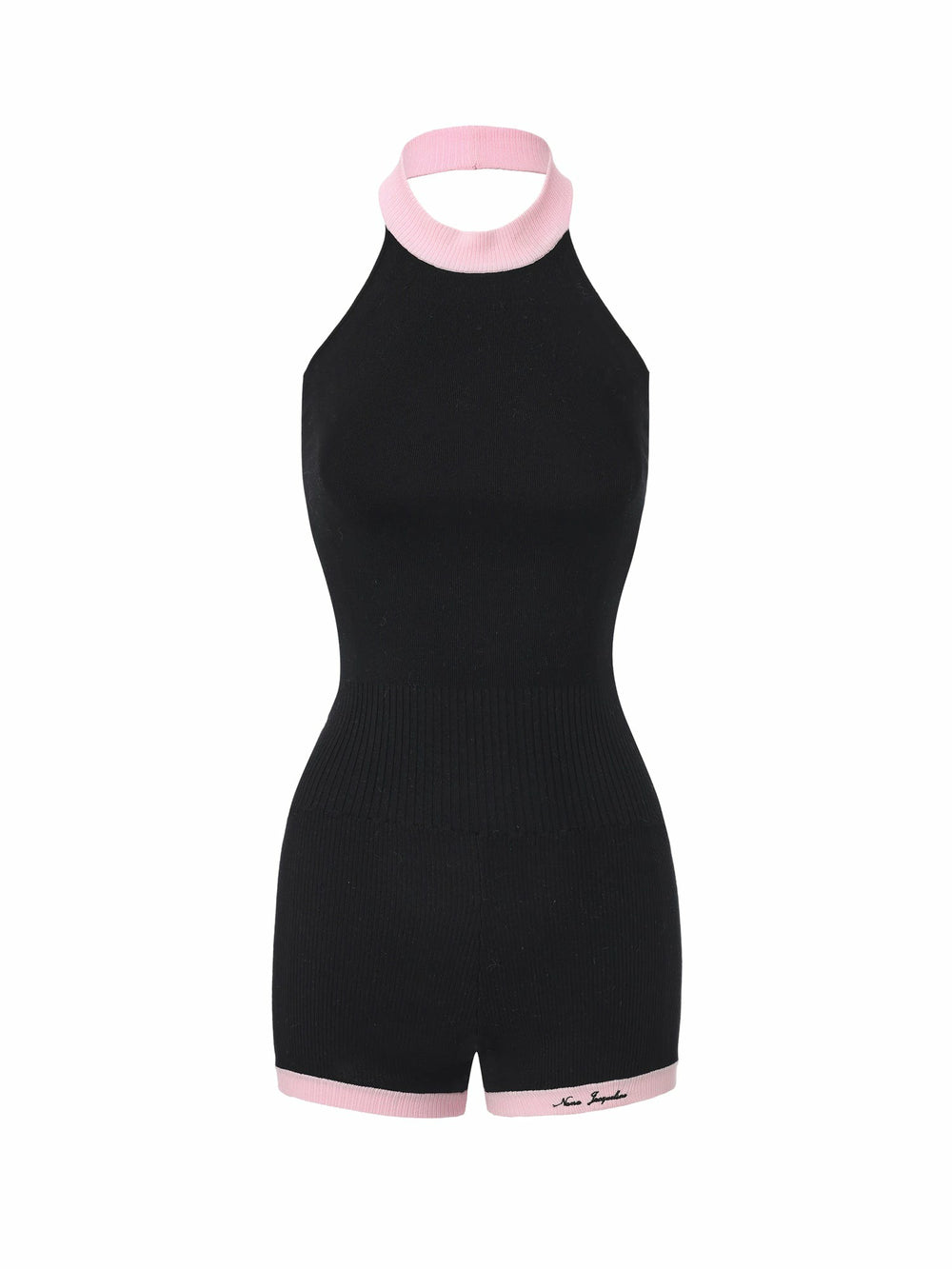 Black Halter Knit Romper with Pink Contrast | Nana Jacqueline