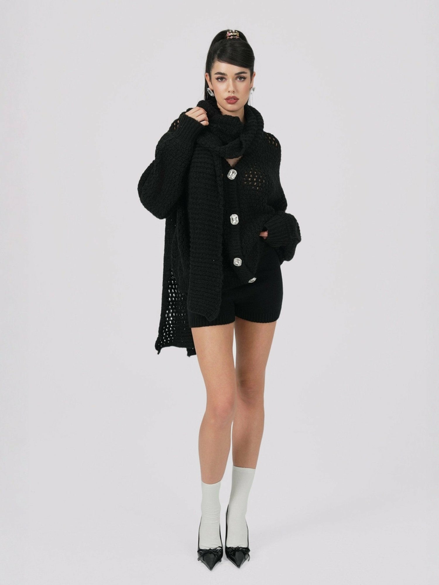 Alexis Cardigan + Scarf Set: Black Knit Set for Luxury Leisure | Nana Jacqueline