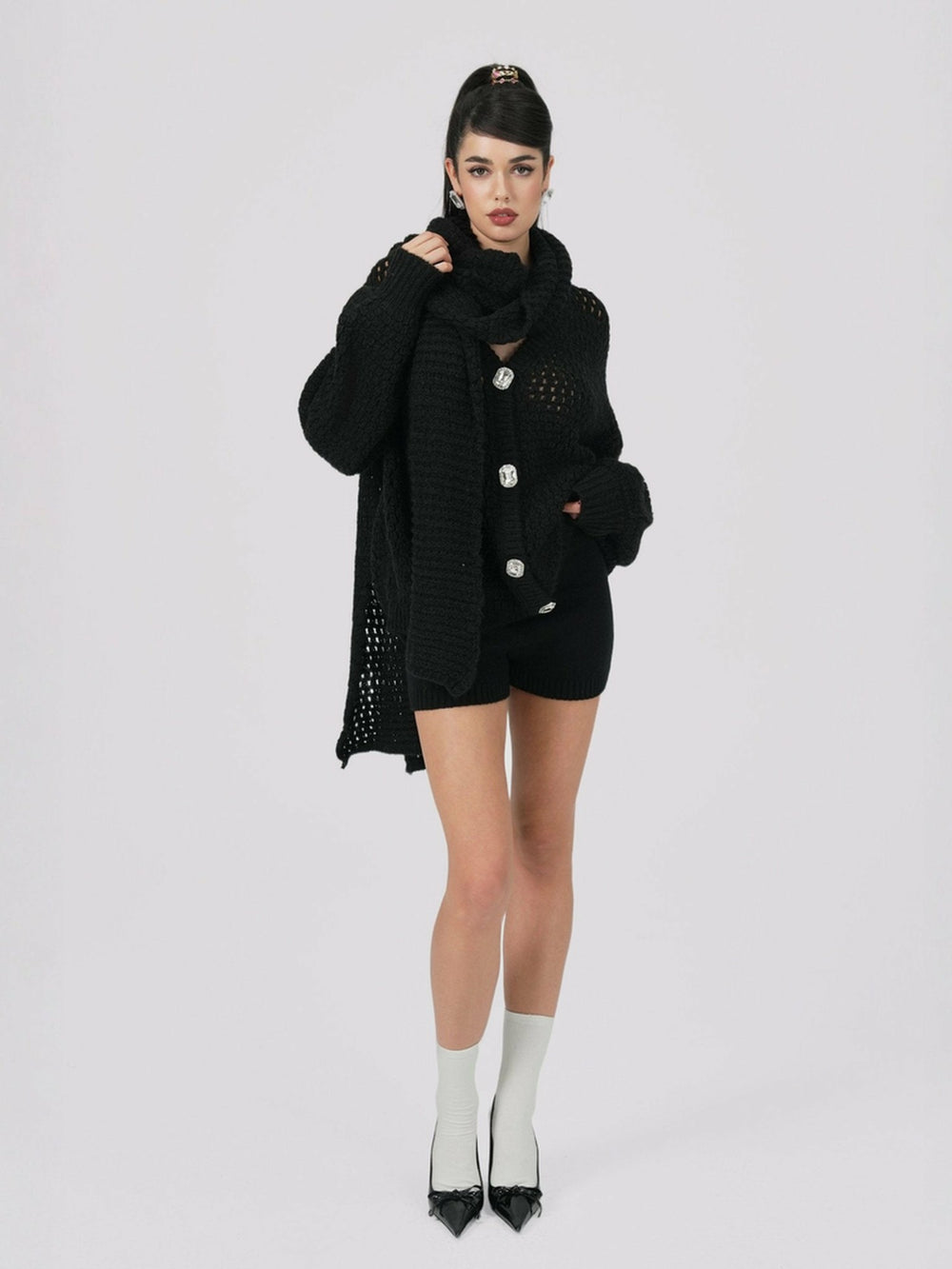 Alexis Cardigan + Scarf Set: Black Knit Set for Luxury Leisure | Nana Jacqueline
