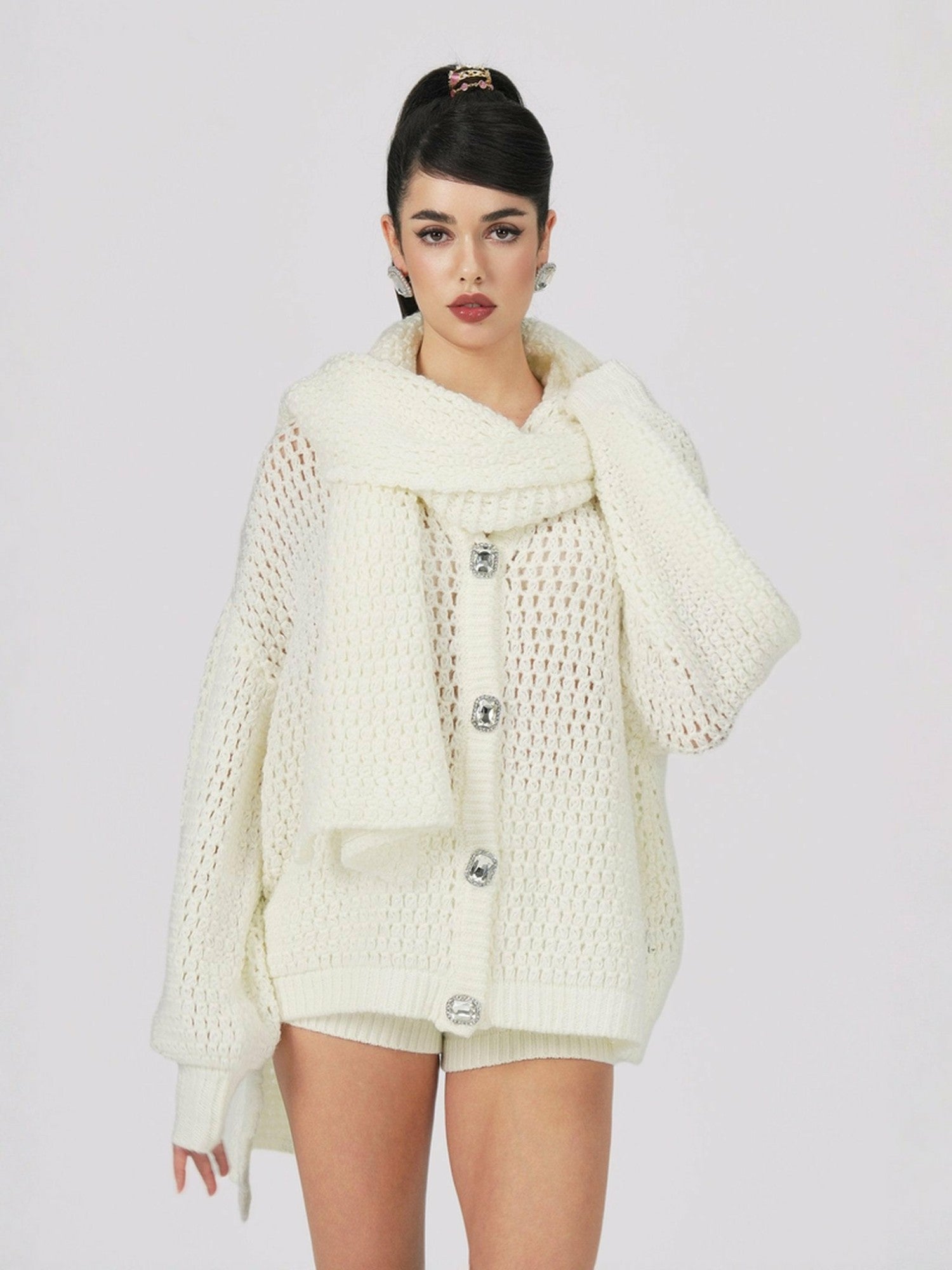 Alexis Cardigan + Scarf Set: White Knit Set for Resort Brunch | Nana Jacqueline