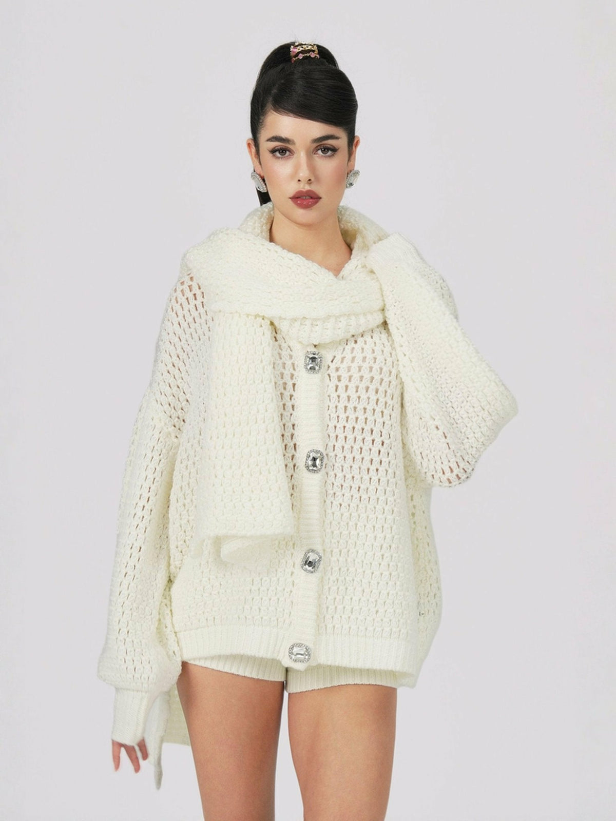Alexis Cardigan + Scarf Set: White Knit Set for Resort Brunch | Nana Jacqueline