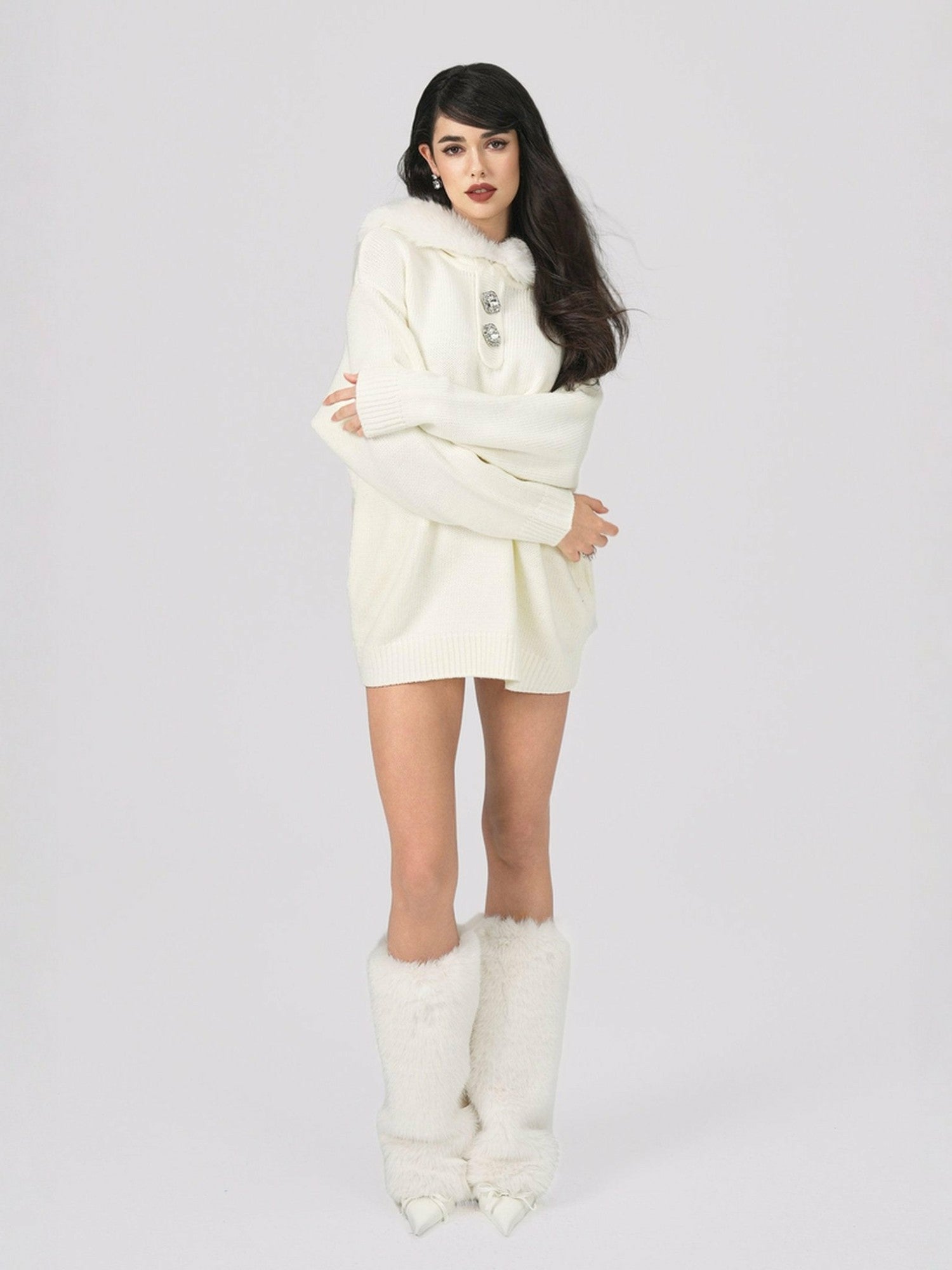 Ava Fur Sweatshirt: White Knit Sweatshirt for Ski Trip | Nana Jacqueline
