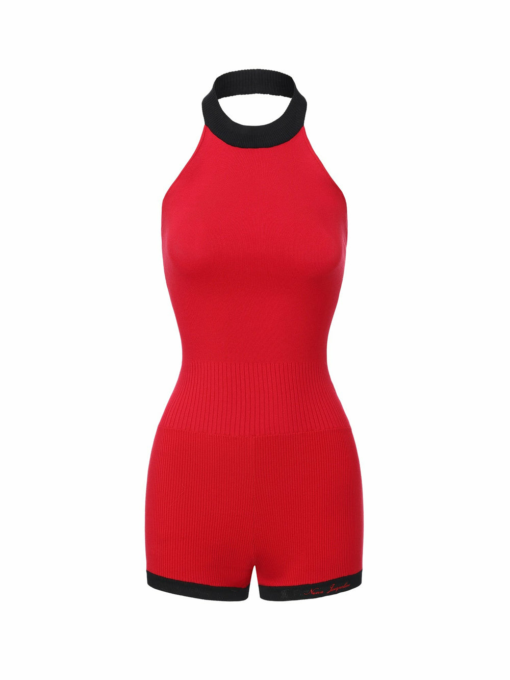 Red Contrast Halter Knit Romper | Nana Jacqueline