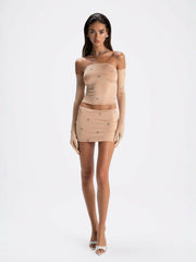 Rosana Embroidered Skirt: Tan Mini Skirt for Date Night | Nana Jacqueline