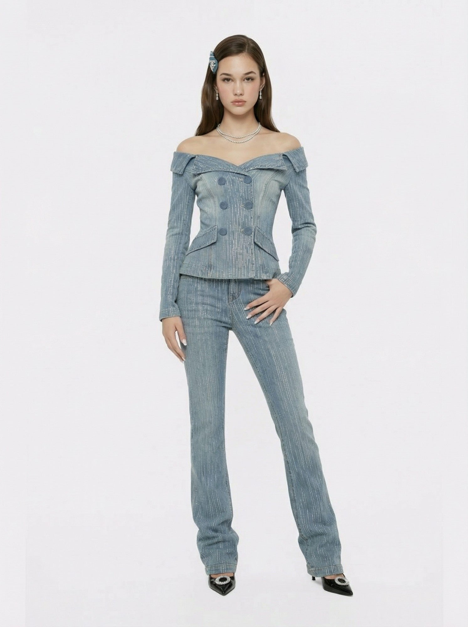 High-Waist Blue Denim Jeans with Crystal Detail | Nana Jacqueline