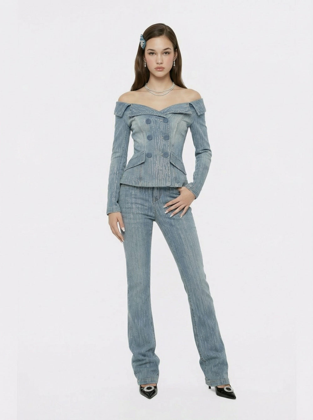 High-Waist Blue Denim Jeans with Crystal Detail | Nana Jacqueline