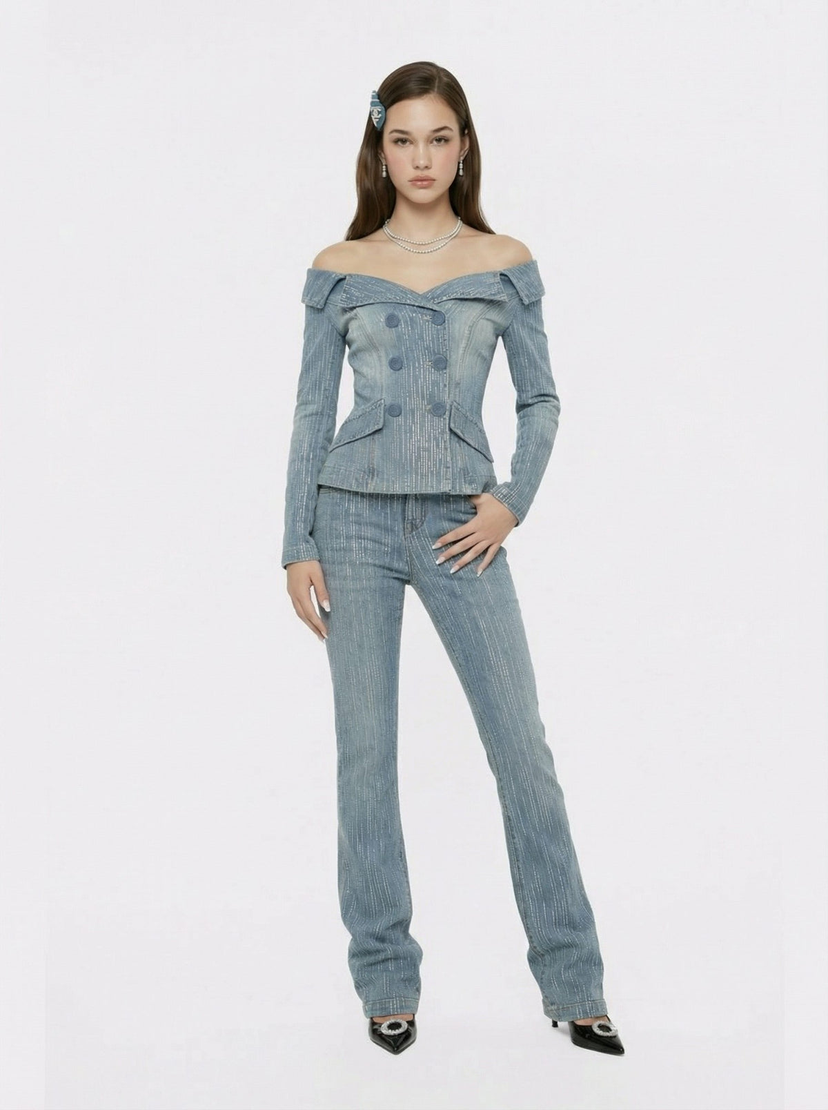 High-Waist Blue Denim Jeans with Crystal Detail | Nana Jacqueline