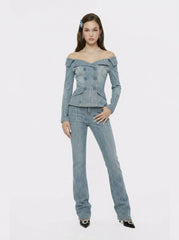 High-Waist Blue Denim Jeans with Crystal Detail | Nana Jacqueline