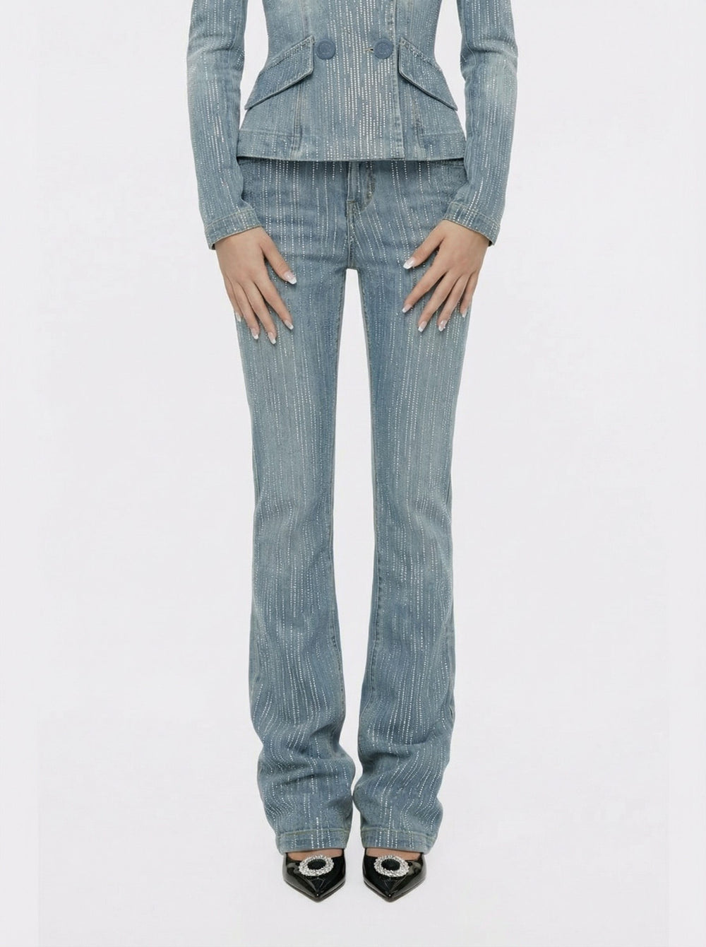 High-Waist Blue Denim Jeans with Crystal Detail | Nana Jacqueline