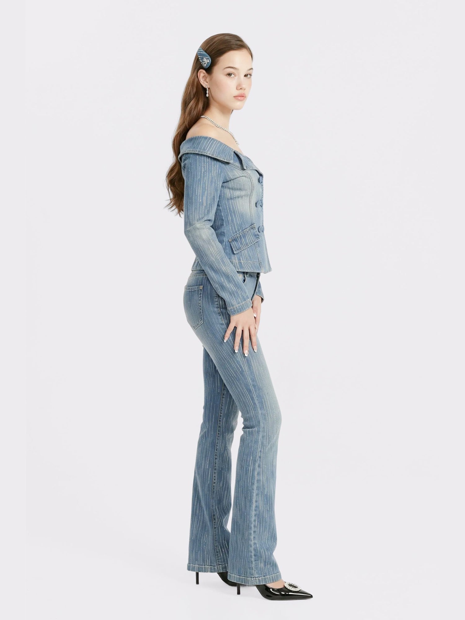 High-Waist Blue Denim Jeans with Crystal Detail | Nana Jacqueline