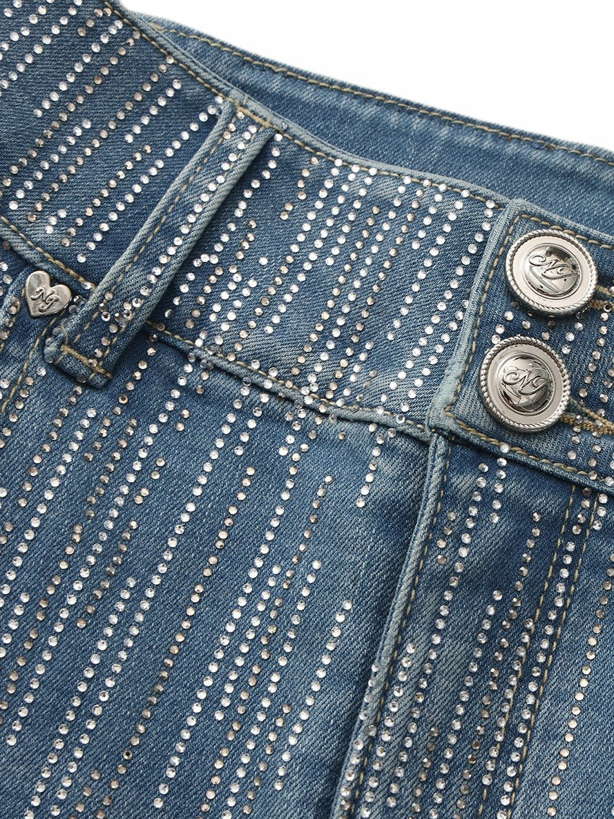 High-Waist Blue Denim Jeans with Crystal Detail | Nana Jacqueline