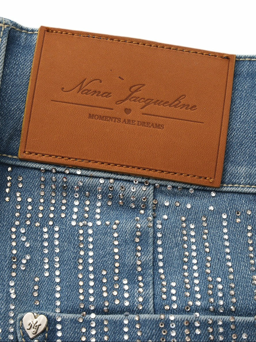 High-Waist Blue Denim Jeans with Crystal Detail | Nana Jacqueline