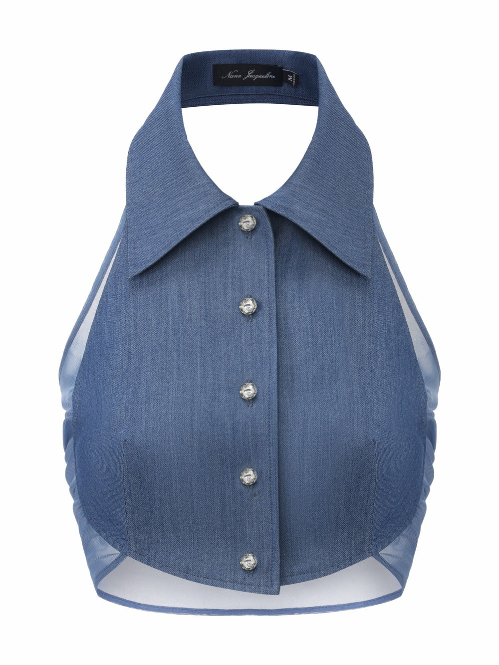Amara Crystal-Button Open-Back Blue Top | Nana Jacqueline