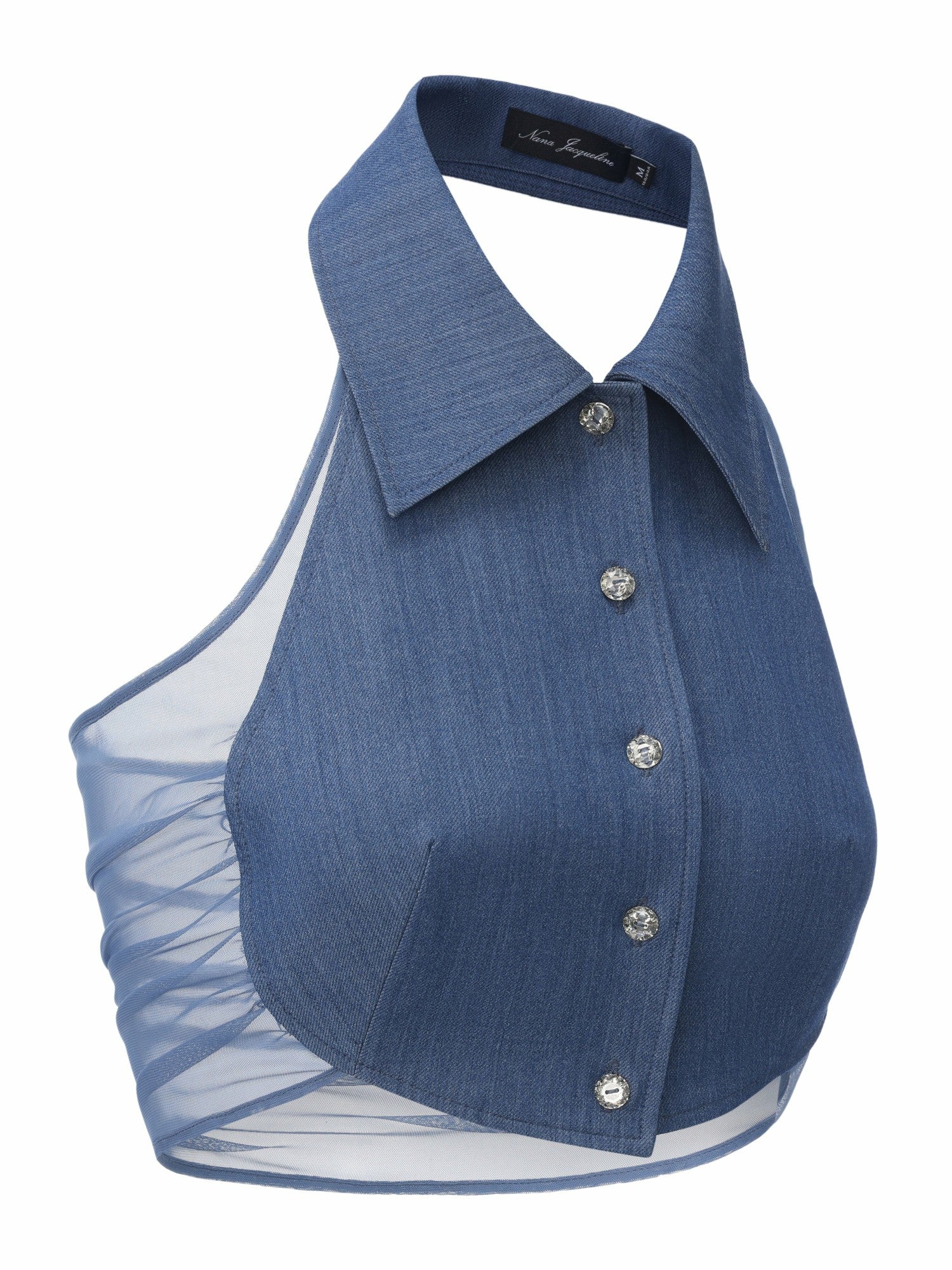 Amara Crystal-Button Open-Back Blue Top | Nana Jacqueline