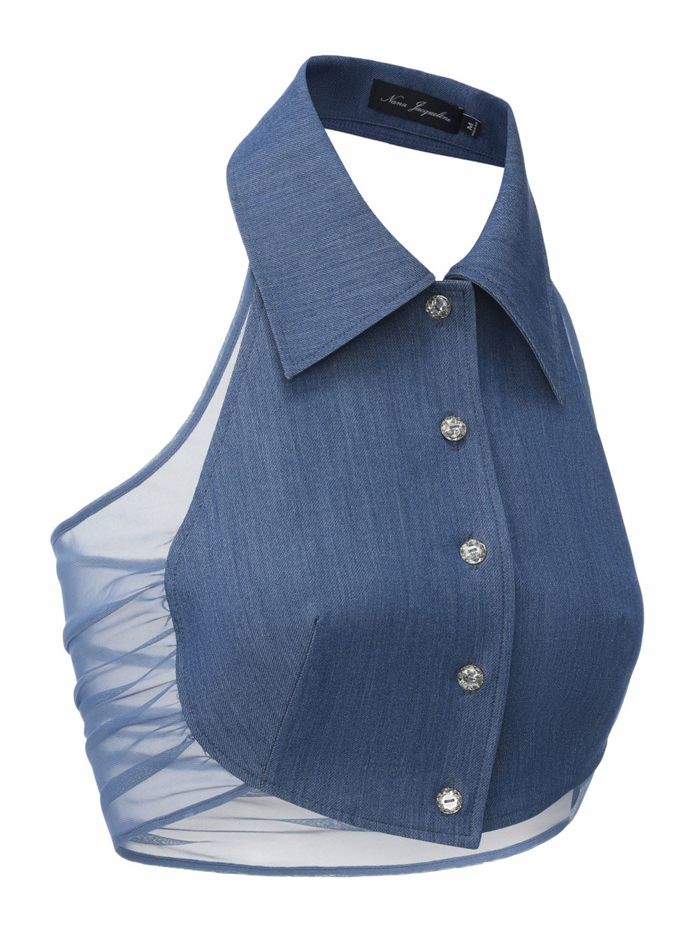 Amara Crystal-Button Open-Back Blue Top | Nana Jacqueline