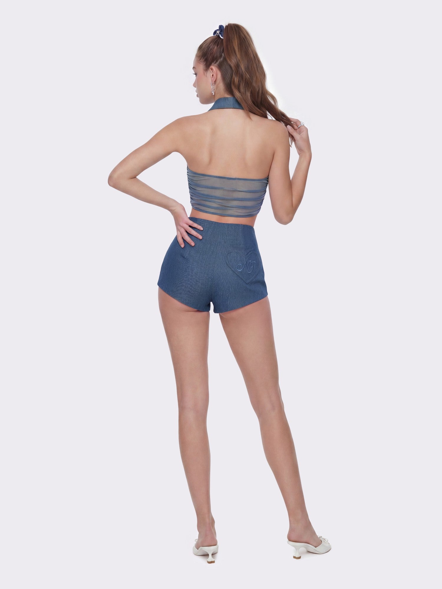 Amara Crystal-Button Open-Back Blue Top | Nana Jacqueline