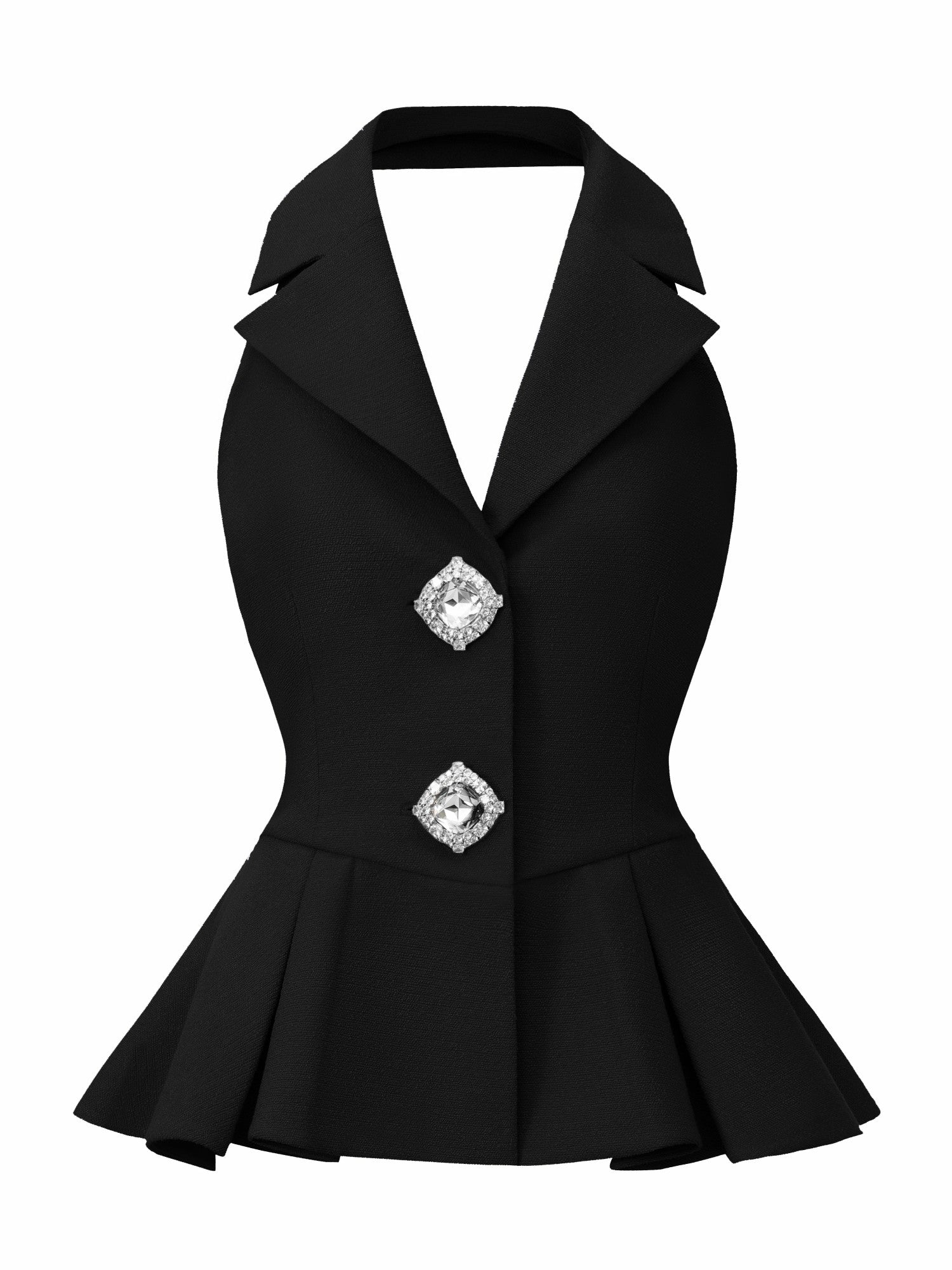 Camille Crystal-Button Black Peplum Vest: Black Vest for Evening Cocktails | Nana Jacqueline