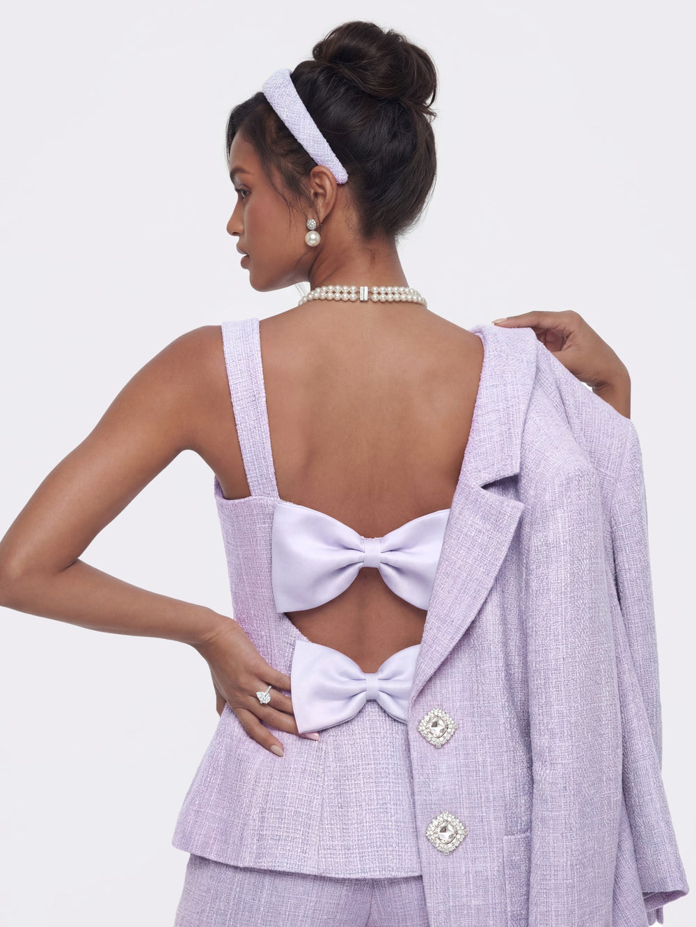 Annabella Tweed Woven Purple Bow Top | Nana Jacqueline