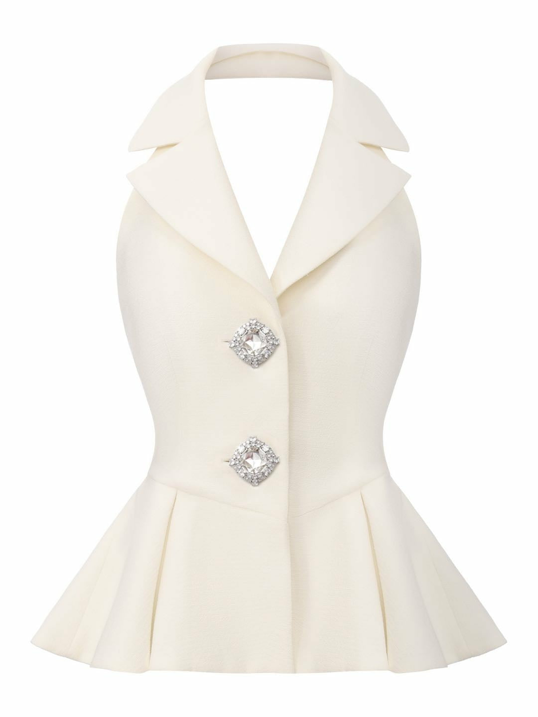 Camille Crystal-Button White Peplum Vest: White Vest for Bridal Shower | Nana Jacqueline