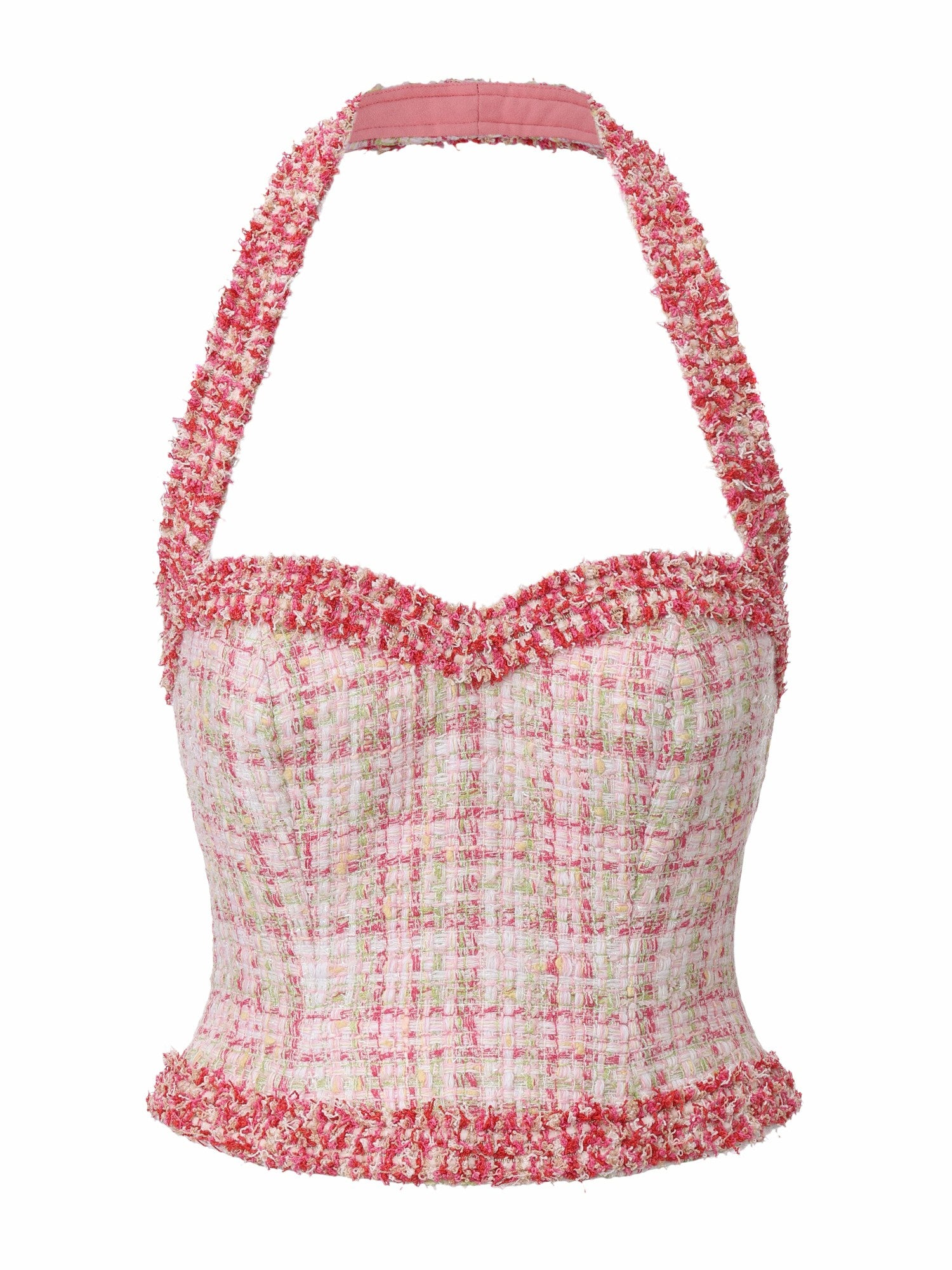 Bianca Metallic-Woven Tweed Halter Pink Top | Nana Jacqueline