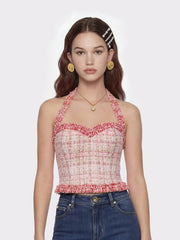 Bianca Metallic-Woven Tweed Halter Pink Top | Nana Jacqueline