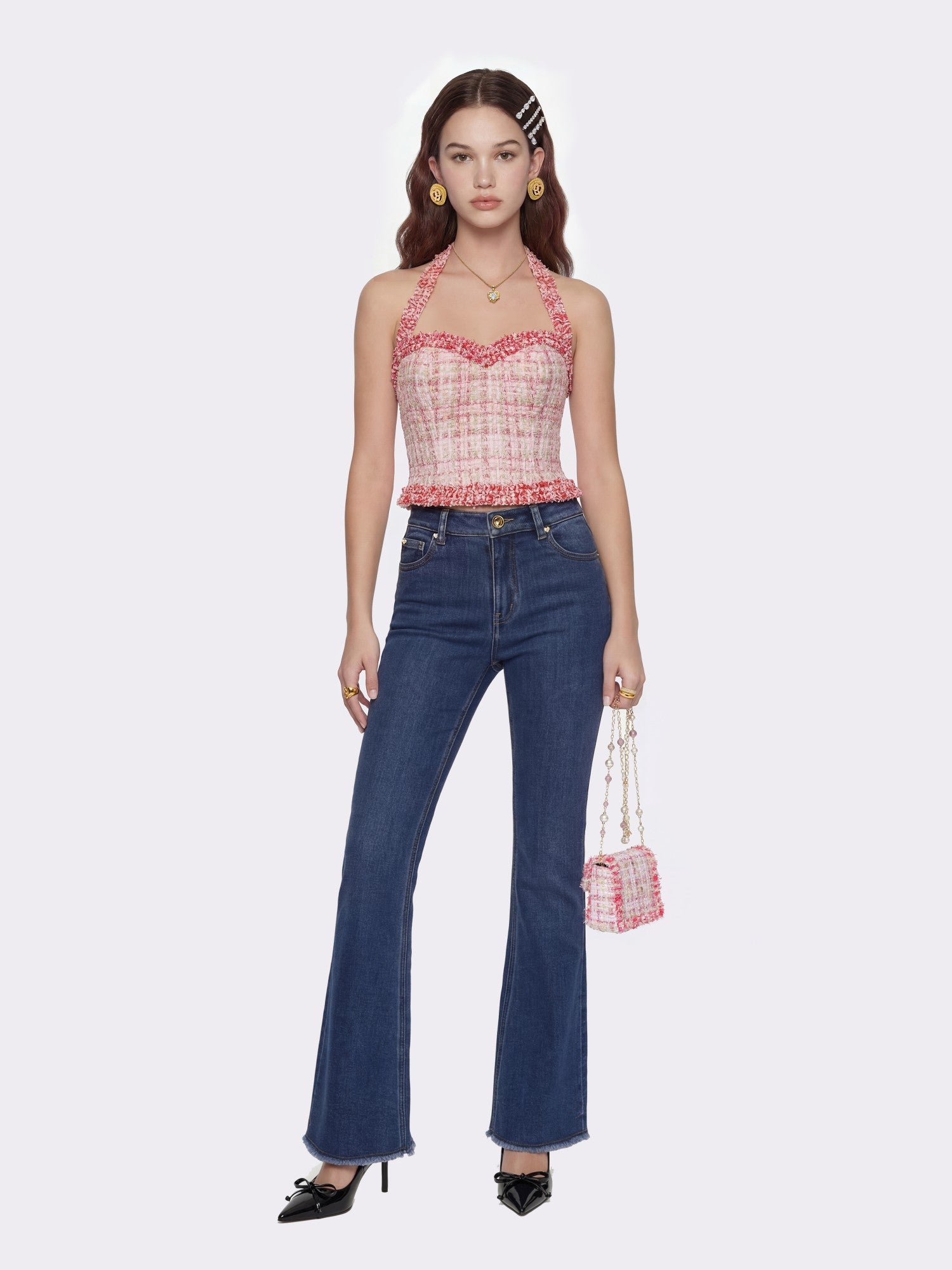 Bianca Metallic-Woven Tweed Halter Pink Top | Nana Jacqueline