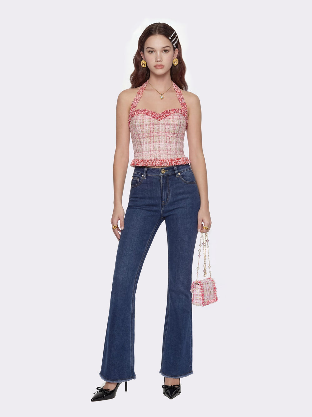 Bianca Metallic-Woven Tweed Halter Pink Top | Nana Jacqueline