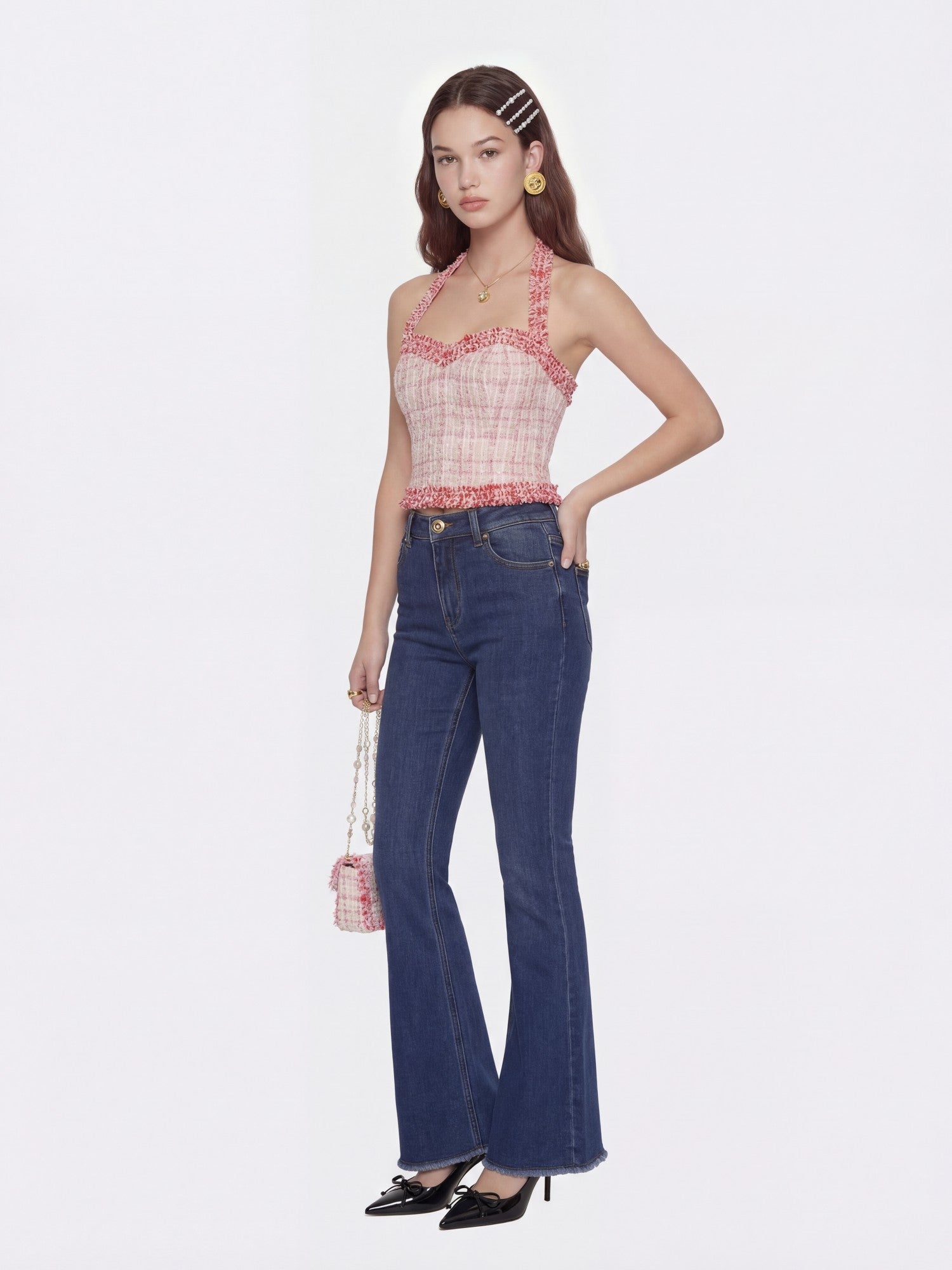 Bianca Metallic-Woven Tweed Halter Pink Top | Nana Jacqueline